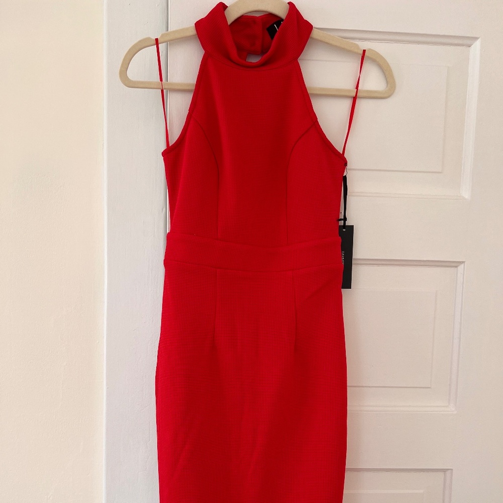 Lulus Red Halter Dress Front Slit Open Back, XS